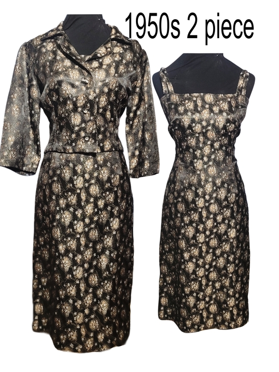 Vintage Dresses & Skirts - Vintage Black and Gold Metallic Floral Two-Piece Midi Dress Set